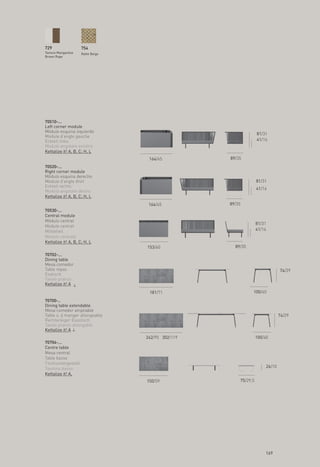 729                  754
Texture Manganèse    Natte Beige
Brown Rope




70510-...
Left corner module
Módulo esquina izquierdo
                                                                  81/31
Module d’angle gauche
Eckteil links                                                     41/16
Modulo angolare sinistro
Kettalize it! A, B, C; H, L
                                    164/65          89/35
70520-...
Right corner module
Módulo esquina derecho
Module d'angle droit                                              81/31
Eckteil rechts
                                                                  41/16
Modulo angolare destro
Kettalize it! A, B, C; H, L
                                    164/65          89/35
70530-...
Central module
Módulo central
                                                                  81/31
Module central
Mittlelteil                                                       41/16
Modulo centrale
Kettalize it! A, B, C; H, L
                                   153/60             89/35
70702-...
Dining table
Mesa comedor
Table repas                                                                    74/29
Esstisch
Tavolo pranzo
Kettalize it! A
                                    181/71                    100/40
70700-..
Dining table extendable
Mesa comedor ampliable
Table s. à manger allongeable                                                  74/29
Rechteckiger Essstisch
Tavolo pranzo allongable
Kettalize it! A
                                   242/95 302/119                 100/40
70704-...
Centre table
Mesa central
Table basse
Tischumtergestell
Tavolino basso                                                         26/10
Kettalize it! A,
                                   150/59               75/29,5




                                                                      169
 