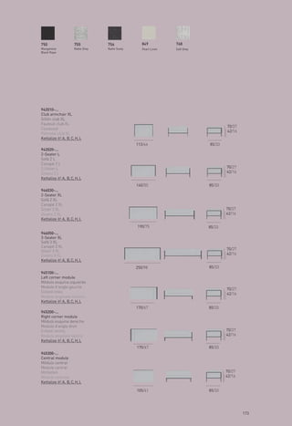 750                   755          756              849           768
Manganèse             Natte Grey   Natte Sooty      Pearl Linen   Soft Grey
Black Rope




942010-...
Club armchair XL
Sillón club XL
Fauteuil club XL
                                                                                      70/27
Clusessel
                                                                                      42/16
Poltrona club XL
Kettalize it! A, B, C, H, L
                                                 113/44                       85/33
942020-...
2-Seater L
Sofá 2 L
Canapé 2 L
2-Sitzer L                                                                            70/27
Divano 2 L.                                                                           42/16
Kettalize it! A, B, C, H, L
                                                 140/55                       85/33
944030-...
2-Seater XL
Sofá 2 XL
Canapé 2 XL
Sitzer 2 XL                                                                           70/27
Divano 2 XL                                                                           42/16
Kettalize it! A, B, C, H, L
                                                 190/75                       85/33
944050-...
3-Seater XL
Sofá 3 XL
Canapé 3 XL
Sitzer 3 XL                                                                           70/27
Divano 3 XL                                                                           42/16
Kettalize it! A, B, C, H, L
                                                 250/98                       85/33
945100-...
Left corner module
Módulo esquina izquierdo
Module d’angle gauche
                                                                                      70/27
Eckteil links                                                                         42/16
Modulo angolare sinistro
Kettalize it! A, B, C, H, L
                                                 170/67                       85/33
945200-...
Right corner module
Módulo esquina derecho
Module d'angle droit
Eckteil rechts                                                                        70/27
Modulo angolare destro                                                                42/16
Kettalize it! A, B, C, H, L
                                                 170/67                       85/33
945300-...
Central module
Módulo central
Module central
Mittlelteil                                                                           70/27
Modulo centrale                                                                       42/16
Kettalize it! A, B, C, H, L

                                                 105/41                       85/33




                                                                                              173
 