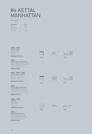 #6 KETTAL
MANHATTAN
XX/XX > CM/inch



Aluminium                     Puur
Aluminio                      Puur
Aluminium                     Puur
Aluminium                     Puur
Alluminio                     Puur




76210-.../76261-...
Corner module
Módulo esquina
Module d’angle                                        75/29
Eckteil                                               60/24
Modulo angolare                                       40/15
Kettalize it! A, B, C, H, L
                                     92/36   92/36

76265-...
Porotex corner module cover
Funda módulo esquinero porotex
Housse module d'angle porotex
Überzug Eckteil aus Porotex
Fodera modulo angolare porotex
Kettalize it! B, C,


76220-.../76270-.../6108-...
Central module + cushion
Módulo central + cojín
Module central + coussin                              75/29
Mittlelteil + kissen                                  60/24
Modulo centrale + cuscine                             40/15
Kettalize it! A, B, C, H, L
                                     92/36   82/32

76275-...
Porotex centre module cover
Funda modulo central porotex
Housse module central porotex
Überzug Mittelteil aus Porotex
Fodera modulo central porotex
Kettalize it! B, C, L


76300-.../76350-...
Footstool
Reposapiés
Repose-pieds
Hocker
Appoggiapiedi                                        40/15
Kettalize it! A, B, C, H, L
                                     92/36   76/30
76357-...
Porotex footstool cover
Funda reposapiés porotex
Housse repose-pied porotex
Überzug Fußbank aus Porotex
Fodera poggiapiedi porotex
Kettalize it! B, C,




180
 
