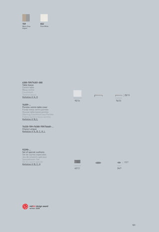 709               832
Warm Grey         Pure White
Argent




6300-709/76301-000
Table basse
Centre table
Mesa centro
Couchtisch
Tavolino basso                                   25/10
Kettalize it! A, D
                                 92/36   76/30
76359-...
Porotex centre table cover
Funda mesa centro porotex
Housse table basse porotex
Überzug Couchtisch aus Porotex
Fodera tavolino basso porotex
Kettalize it! B, C,


76220-709+76300-709/76660-...
Chaise Longue
Kettalize it! A, B, C, H, L




92290-...
Set of special cushions
Set de cojines especiales
Jeu de coussins spéciaux
Spezialkissen-Set
Set di cuscini speciali                          17/7
Kettalize it! B, C, H
                                 62/22    24/9




                                                         181
 