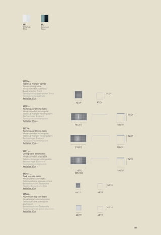 691                692
White Gobi         Aluminium
White              Ebano




51790-...
Table s.à manger carrée
Square dining table
Mesa comedor cuadrada
Quadratischer Tisch
Tavolo pranzo quadratoher Tisch                       74/29
Tavolo pranzo quadrato
Kettalize it! A
                                    75/29     87/34
51701-...
Rectangular Dining table
Mesa comedor rectangular
Table s.à manger rectangulaire                                          74/29
Rechteckiger Esstisch
Tavolo pranzo rettangolare
Kettalize it! A
                                    164/64                     100/39
51770-...
Rectangular Dining table
Mesa comedor rectangular
Table s.à manger rectangulaire                                          74/29
Rechteckiger Esstisch
Tavolo pranzo rettangolare
Kettalize it! A
                                    210/82                     100/39
51711-...
Dining table extendable
Mesa comedor ampliable
Table s. à manger allongeable                                           74/29
Rechteckiger Essstisch
Tavolo pranzo allongable
Kettalize it! A
                                    210/82                     100/39
51745-...                           275/108
Teak top side table
Mesa lateral sobre teka
Table auxiliaire plateau en teck
Beistelltisch mit Teakplatte
Tavolino basso piano teka                              42/16
Kettalize it! A
                                    48/19     48/19
51740-...
Aluminium top side table
Mesa lateral sobre aluminio
Table auxiliaire plateau en
aluminium
Beistelltisch mit Teakplatte                           42/16
Tavolino laterale piano alluminio
Kettalize it! A
                                     48/19    48/19




                                                                                191
 