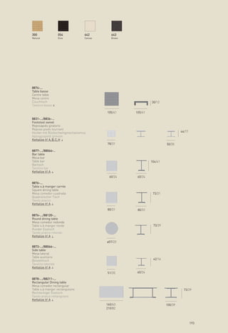 300                  054         642         643
Natural              Etna        Canvas      Brown




8874-...
Table basse
Centre table
Mesa centro
Couchtisch                                                    30/12
Tavolino basso

                                          105/41     105/41

8831-.../8836-...
Footstool swivel
Reposapiés giratorio
Repose-pieds tournant
Hocker mit Rückschwingmechanismus                                               44/17
Appoggiapiedi girevole
Kettalize it! A, B, C, H
                                          78/31                        50/20

8877-.../88066-..
Bar table
Mesa bar
Table bar                                                     104/41
Bartisch
Tavolino bar
Kettalize it! A
                                            60/24     60/24
8876-...
Table s.à manger carrée
Square dining table
Mesa comedor cuadrada                                          73/21
Quadratischer Tisch
Tavolo pranzo
Kettalize it! A
                                          80/31       80/31
8876-.../88120-...
Round dining table
Mesa comedor redonda
Table s.à manger ronde                                         73/29
Runder Esstisch
Tavolo pranzo rotondo
Kettalize it! A
                                          ø57/23
8873-.../88066-...
Side table
Mesa lateral
Table auxiliaire
Beistelltisch                                                  42/16
Tavolino laterale
Kettalize it! A
                                          51/20       60/24

8878-.../88211-...
Rectangular Dining table
Mesa comedor rectangular
Table s.à manger rectangulaire                                                    73/29
Rechteckiger Esstisch
Tavolo pranzo rettangolare
Kettalize it! A
                                          160/63                       100/39
                                          210/82



                                                                                        193
 