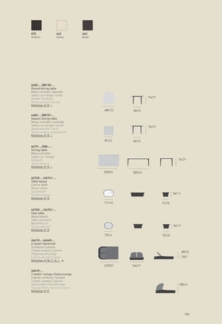 075                   642        643
Chestnut              Canvas     Brown




6482-.../88120-...
Round dining table
Mesa comedor redonda
Table s.à manger ronde
Runder Esstisch                                            74/29
Tavolo pranzo rotondo
Kettalize it! D
                                         ø81/32    66/26
6482-.../88101-...
Square dining table
Mesa comedor cuadrada
Table s.à manger carrée                                    74/29
Quadratischer Tisch
Tavolo pranzo quadratoher
Kettalize it! D
                                         81/32    66/26
6479-.../580.-...
Dining table
Mesa comedor
Table s.à. manger
Esstisch                                                                      74/29
Tavolo pranzo
Kettalize it! D
                                         220/86   203/60
46740-.../46741-...
Table basse
Centre table
Mesa centro
Couchtisch
Tavolino basso                                                             34/13
Kettalize it! D
                                         111/44                    71/28

46760-.../46761-...
Side table
Mesa lateral
Table auxiliaire
Beistelltisch
Tavolo laterale                                                            34/13
Kettalize it! D
                                         72/44                     72/28
46610-...46660-...
2 seater deckchair
Tumbona 2 plazas
Chaise longue 2 places
                                                                                   89/35
Doppelsonnenliege
Lettino da sole 2 posti                                                            24/9
Kettalize it! B, C, H, L
                                         210/83   146/57
46610-...
2 seater canopy chaise lounge
Capota tumbona 2 plazas
Capote canapé 2 places
Sonnendach Sonnenliege                                                         105/41
Capota lettino da sole 2 posti
Kettalize it! C




                                                                                    195
 