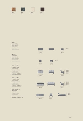 300                 054    642         643
Natural             Etna   Canvas      Brown`




6476-...
Centre table
Mesa centro
Table basse
Couchtisch                                                               43/17
Tavolino basso

                                    119/47                       64/25
6477-...
Side table
Mesa lateral
Table auxiliaire
Beistelltisch
                                                         43/17
Tavolino laterale

                                     55/22       55/22
6442-.../6449-...
2-Seater-sofa
Sofá 2 plazas
Canapé 2 places                                                           84/33
2-Sitzer-Sofa                                                             58/22
Divano 2 posti                                                            33/13
Kettalize it! B, C, H
                                    138/54                       82/32
6452-.../6459-...
3-Seater-sofa
Sofá 3 plazas
Canapé 3 places                                                          82/32
3-Sitzer-Sofa                                                            58/22
Divano 3 posti                                                           33/13
Kettalize it! B, C, H
                                    197/78                       82/32
6460-.../6465-...
Deckchair
Tumbona
Chaise longue                                                               93/37
Sonnenliege                                                                 29/12
Lettino
Kettalize it! B, C, H
                                    193/76      73/29




                                                                                 197
 