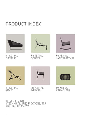 PRODUCT INDEX




#1 KETTAL         #2 KETTAL      #3 KETTAL
BITTA/ 10         BOB/ 24        LANDSCAPE/ 32




#7 KETTAL          #8 KETTAL     #9 KETTAL
VIA/ 86            NET/ 92       ZIGZAG/ 100



#FINISHES/ 140
#TECHNICAL SPECIFICATIONS/ 159
#KETTAL IDEAS/ 199


6
 