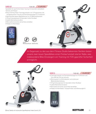 GIRO­GT­­­­­­­­­­­­­­­­­­­­­­­­­­­­­­­­­­­­­­­­­­­­7638-500­   € 699,90*
Speedbike für sportliches Indoor-Cycling mit besonders belastbarer
Technik und Freilauf.
• blau hinterleuchteter Trainingscomputer mit 12 Programmen inkl.
  pulsgesteuertem Training und Permanentanzeige für 5 Funktionen
• generatorbetriebene Magnetbremse mit 32 Widerstandsstufen
• 18 kg Schwungmasse für besonders hohen Rundlauf
• stabile Rahmenkonstruktion
• Rennsattel horizontal und vertikal verstellbar
• Pedale mit Rennhaken




                                   ohne
                                   Netzanschluss batterielos




                                           Im Gegensatz zu den aus dem Fitness-Studio bekannten Geräten bieten
                                           unsere zwei neuen Speedbikes einen Freilauf anstatt starrer Nabe, was
                                           insbesondere Bike-Einsteigern ein Training mit TÜV-geprüfter Sicherheit
                                           ermöglicht.




                                                                           GIRO­S­­­­­­­­­­­­­­­­­­­­­­­­­­­­­­­­­­­­­­­­­­­­­­7638-000­   € 499,90*
                                                                           • Trainingscomputer mit Permanentanzeige für 5 Funktionen und
                                                                             Scan-Betrieb, Ohrclip inklusive
                                                                           • Bremssystem mit Bremsbacken und stufenloser
                                                                             Widerstandsverstellung
                                                                           • 18 kg Schwungmasse für besonders hohen Rundlauf
                                                                           • stabile Rahmenkonstruktion
                                                                           • Rennsattel horizontal und vertikal verstellbar
                                                                           • Pedale mit Rennhaken, Transportrollen und Höhenausgleich




  eine Tabelle mit technischen Spezifikationen finden Sie ab S. 50                                                                                21
 