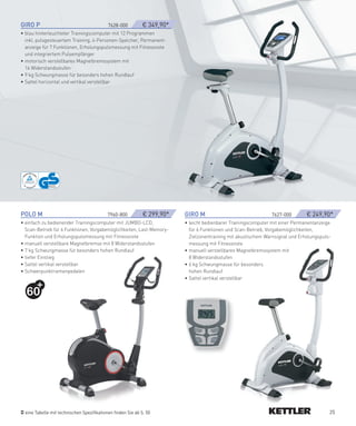 GIRO­P­­­­­­­­­­­­­­­­­­­­­­­­­­­­­­­­­­­­­­­­­­­­­­7628-000­   ­ € 349,90*
• blau hinterleuchteter Trainingscomputer mit 12 Programmen
  inkl. pulsgesteuertem Training, 4-Personen-Speicher, Permanent-
  anzeige für 7 Funktionen, Erholungspulsmessung mit Fitnessnote
  und integriertem Pulsempfänger
• motorisch verstellbares Magnetbremssystem mit
  16 Widerstandsstufen
• 9 kg Schwungmasse für besonders hohen Rundlauf
• Sattel horizontal und vertikal verstellbar




POLO­M­­­­­­­­­­­­­­­­­­­­­­­­­­­­­­­­­­­­­­­­­­­­7960-800­      ­ 299,90*
                                                                 €            GIRO­M­­­­­­­­­­­­­­­­­­­­­­­­­­­­­­­­­­­­­­­­­­­­­7627-000­   ­ 249,90*
                                                                                                                                             €
• einfach zu bedienender Trainingscomputer mit JUMBO-LCD,                     • leicht bedienbarer Trainingscomputer mit einer Permanentanzeige
  Scan-Betrieb für 6 Funktionen, Vorgabemöglichkeiten, Last-Memory-             für 6 Funktionen und Scan-Betrieb, Vorgabemöglichkeiten,
  Funktion und Erholungspulsmessung mit Fitnessnote                             Zielzonentraining mit akustischem Warnsignal und Erholungspuls-
• manuell verstellbare Magnetbremse mit 8 Widerstandsstufen                     messung mit Fitnessnote
• 7 kg Schwungmasse für besonders hohen Rundlauf                              • manuell verstellbares Magnetbremssystem mit
• tiefer Einstieg                                                               8 Widerstandsstufen
• Sattel vertikal verstellbar                                                 • 6 kg Schwungmasse für besonders
• Schwerpunktriemenpedalen                                                      hohen Rundlauf
                                                                              • Sattel vertikal verstellbar


   60




  eine Tabelle mit technischen Spezifikationen finden Sie ab S. 50                                                                                  25
 