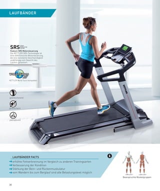 LAUfBäNDeR




 SRS
           SPEED
           RESOlUTION
           SySTEM

 feature­SRS­Motorsteuerung
 Die KETTLER SRS-Technologie ist
 eine elektronische Motorsteuerung,
 die eine konstante Geschwindigkeit
 unabhängig vom Gewicht des
 Läufers garantiert.




KETTLER World Tours kompatibel




gelenkschonend




geräuscharm




platzsparend




 ­ LAUfBäNDeR­fACTS
 ­ erhöhte Fettverbrennung im Vergleich zu anderen Trainingsarten
   Verbesserung der Kondition
   Stärkung der Bein- und Rückenmuskulatur
   vom Wandern bis zum Berglauf sind alle Belastungslevel möglich
                                                                    Beanspruchte Muskelgruppen


30
 