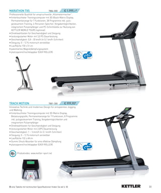 MARATHON­TX5­­­                           7886-000­      € 1.999,–*
Professionelle Qualität für anspruchsvolle „Kilometermacher“.
• hinterleuchteter Trainingscomputer mit 3D-Black-Matrix Display,
  Permanentanzeige für 7 Funktionen, 38 Programme inkl. puls-
  gesteuertem Training, 4-Personen-Speicher, Vorgabemöglichkeiten,
  integriertem Pulsempfänger und PC-Schnittstelle zur Nutzung von
  KETTLER WORLD TOURS (optional)
• Direktwahltasten für Geschwindigkeit und Steigung
• leistungsstarker Motor mit 3,0 PS Dauerleistung
• Geschwindigkeit: 0,8 – 20 km/h (in 0,1 km/h-Schritten)
• Steigung: 0 – 12 % motorisch verstellbar
• Lauffläche 150 x 51 cm
• patentiertes Magnetdämpfungssystem
• platzsparend hochklappbar (EASY ROLLER)




TRACK­MOTION­                            7881-300­      € 999,90*
Innovative Technik und modernes Design für entspanntes Jogging
und Walking.
• hinterleuchteter Trainingscomputer mit 3D-Matrix Display,
  Belastungsgrafik, Permanentanzeige für 7 Funktionen, 8 Programme
  inkl. pulsgesteuertem Training, Vorgabemöglichkeiten und
  integriertem Pulsempfänger
• Direktwahltasten für Geschwindigkeit und Steigung
• leistungsstarker Motor mit 2,0PS Dauerleistung
• Geschwindigkeit: 1 – 16 km/h (in 0,1 km/h-Schritten)
• Steigung: 0 – 12 % motorisch verstellbar
• Lauffläche 132 x 48 cm
• Gummi Shock Absorber für eine effektive Dämpfung
• platzsparend hochklappbar (EASY ROLLER)


        Produktvideo: www.kettler-sport.net




  eine Tabelle mit technischen Spezifikationen finden Sie ab S. 50    33
 