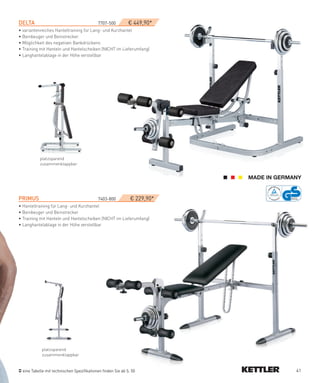 DeLTA­                                      7707-500­         € 449,90*
• variantenreiches Hanteltraining für Lang- und Kurzhantel
• Beinbeuger und Beinstrecker
• Möglichkeit des negativen Bankdrückens
• Training mit Hanteln und Hantelscheiben (NICHT im Lieferumfang)
• Langhantelablage in der Höhe verstellbar




           platzsparend
           zusammenklappbar




PRIMUS­­­                                   7403-800­          € 229,90*
• Hanteltraining für Lang- und Kurzhantel
• Beinbeuger und Beinstrecker
• Training mit Hanteln und Hantelscheiben (NICHT im Lieferumfang)
• Langhantelablage in der Höhe verstellbar




            platzsparend
            zusammenklappbar


  eine Tabelle mit technischen Spezifikationen finden Sie ab S. 50         41
 