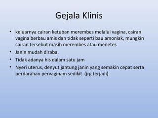 Gejala Klinis
• keluarnya cairan ketuban merembes melalui vagina, cairan
vagina berbau amis dan tidak seperti bau amoniak, mungkin
cairan tersebut masih merembes atau menetes
• Janin mudah diraba.
• Tidak adanya his dalam satu jam
• Nyeri uterus, denyut jantung janin yang semakin cepat serta
perdarahan pervaginam sedikit (jrg terjadi)
 