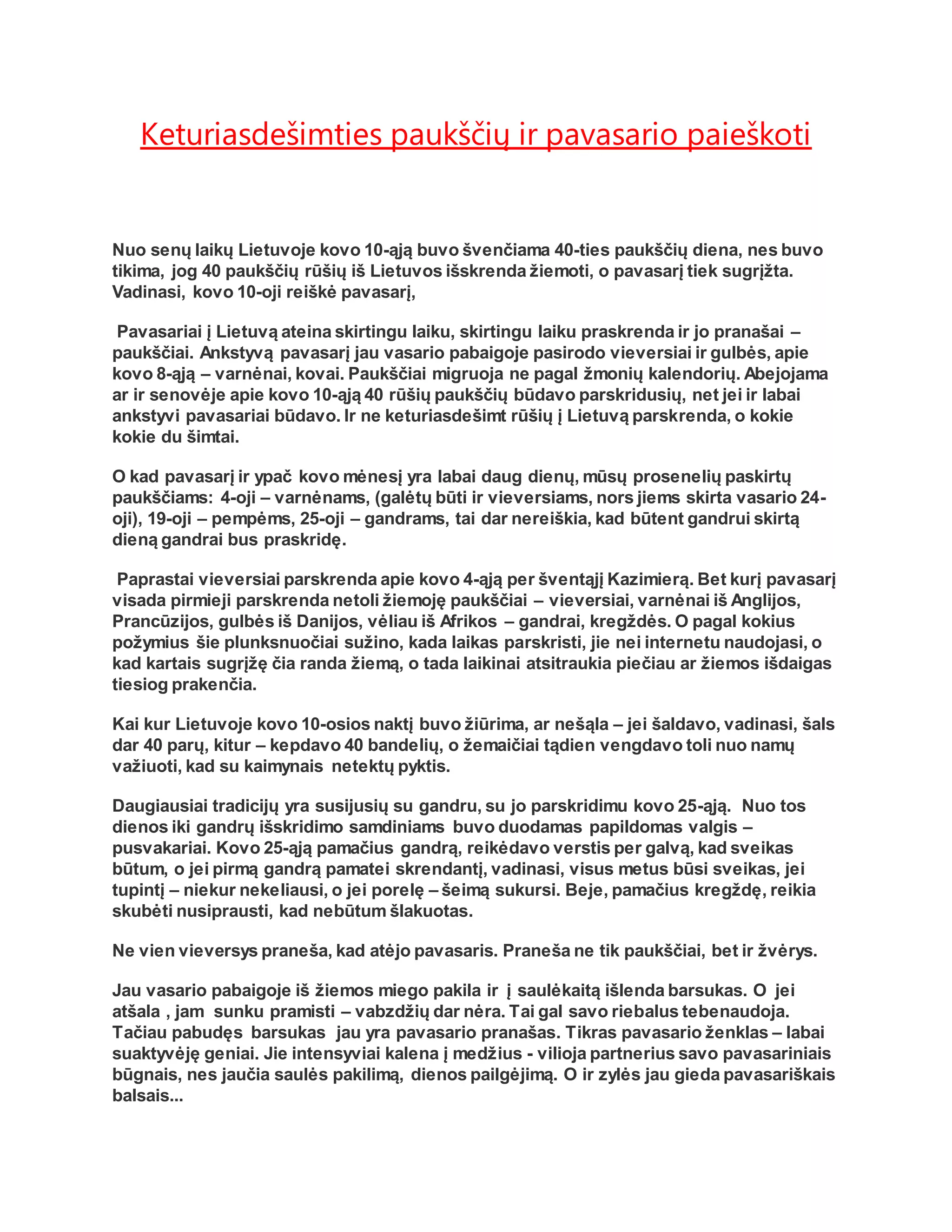 Keturiasdešimties paukščių ir pavasario paieškoti | DOCX