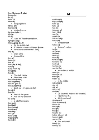 less (det, pron & adv)
lesson (n)                                                         M
let (v)
letter (n)                                       machine (n)
level (n)                                        magazine (n)
      • language level                           make (v)
library (n)                                      make up
licence (n)                                      man (n)
      • driving licence                          manager (n)
lie down (phr v)                                 many (det)
life (n)                                         map (n)
lift (n)                                         market (n)
      • Take the lift to the third floor.        married (adj)
light (n & adj)                                  match (n)
like (v, prep & adv)                                  • football match
      • I’d like a drink. (v)                    matter (v)
      • It’s like an orange but bigger. (prep)        • It doesn’t matter.
      • What’s the weather like? (adv)           maybe
line (n)                                         me (pron)
      • draw a line                              meal (n)
      • the next line                            mean (v)
lion (n)                                         meat (n)
listen (v)                                       mechanic (n)
litre (n)                                        medicine (n)
little (adj & det)                               meet (v)
live (v)                                         meeting (n)
living room (n)                                  member (n)
long (adj)                                            • a member of a club
look (v)                                         menu (n)
      • You look happy.                          message (n)
      • Don’t look now!                          metre (n)
look after (phr v)                               middle (n)
look at (phr v)                                       • in the middle
look for (phr v)                                 midnight (n)
look out (phr v)                                 mile (n)
      • Look out – it’s going to fall!           milk (n)
lorry (n)                                        million (n)
lose (v)                                         mind (v)
      • We lost the game.                             • Do you mind if I close the window?
      • I’ve lost my passport.                        • I don’t mind if…
lot (det)                                             • Mind your head!
      • a lot of homework.                       mine (pron)
lots (det)                                       mineral water (n)
loud (adj)                                       minute (n)
love (n & v)                                     mirror (n)
lovely (adj)                                     Miss (n)
low (adj)                                        miss (v)
luck (n)                                         mistake (n)
lucky (adj)                                      mobile (phone) (n)
luggage (n)                                      modern (adj)
lunch (n)                                        moment (n)
                                                      • Just a moment.
                                                 money (n)
                                                 monkey (n)
 