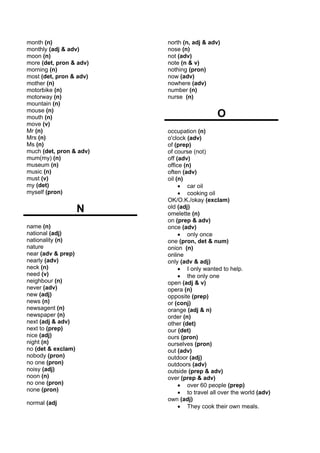 month (n)                north (n, adj & adv)
monthly (adj & adv)      nose (n)
moon (n)                 not (adv)
more (det, pron & adv)   note (n & v)
morning (n)              nothing (pron)
most (det, pron & adv)   now (adv)
mother (n)               nowhere (adv)
motorbike (n)            number (n)
motorway (n)             nurse (n)
mountain (n)
mouse (n)
mouth (n)                                   O
move (v)
Mr (n)                   occupation (n)
Mrs (n)                  o'clock (adv)
Ms (n)                   of (prep)
much (det, pron & adv)   of course (not)
mum(my) (n)              off (adv)
museum (n)               office (n)
music (n)                often (adv)
must (v)                 oil (n)
my (det)                      • car oil
myself (pron)                 • cooking oil
                         OK/O.K./okay (exclam)
                    N    old (adj)
                         omelette (n)
                         on (prep & adv)
name (n)                 once (adv)
national (adj)                • only once
nationality (n)          one (pron, det & num)
nature                   onion (n)
near (adv & prep)        online
nearly (adv)             only (adv & adj)
neck (n)                      • I only wanted to help.
need (v)                      • the only one
neighbour (n)            open (adj & v)
never (adv)              opera (n)
new (adj)                opposite (prep)
news (n)                 or (conj)
newsagent (n)            orange (adj & n)
newspaper (n)            order (n)
next (adj & adv)         other (det)
next to (prep)           our (det)
nice (adj)               ours (pron)
night (n)                ourselves (pron)
no (det & exclam)        out (adv)
nobody (pron)            outdoor (adj)
no one (pron)            outdoors (adv)
noisy (adj)              outside (prep & adv)
noon (n)                 over (prep & adv)
no one (pron)                 • over 60 people (prep)
none (pron)                   • to travel all over the world (adv)
                         own (adj)
normal (adj
                              • They cook their own meals.
 