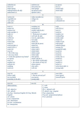 umbrella (n)
uncle (n)
under (prep)
underground (n & adj)
understand (v)
uniform (n)
university (n)
until (prep)
up (prep & adv)
upstairs (adv)
us (pron)
use (v)
useful (adj)
usual (adj)
V
variety (n)
vegetable (n)
very (adv)
video (n)
video recorder (n)
village (n)
violin
visit (v)
visitor (n)
volleyball (n)
W
wait (v)
waiter (n)
waitress (n)
wake up (phr v)
walk (v)
wall (n)
wallet (n)
want (v)
warm (adj)
wash (v)
wash up (phr v)
watch (n & v)
water (n)
way (n)
• Do it this way.
• one-way street
• Is this the quickest way home?
we (pron)
wear (v)
weather (n)
website (n)
wedding
week (n)
weekday (n)
weekend (n)
weekly (adj & adv)
welcome (v)
• Welcome to London!
well (adv & adj)
west (n, adj & adv)
wet (adj)
whale (n)
what (det & pron)
wheel (n)
when (adv)
where (adv)
which (det)
while (conj)
white (adj)
who (pron)
whole (adj & n)
• the whole world (adj)
• the whole of July (n)
whose (pron)
why (adv)
wife (n)
wild
will ('ll) (v)
win (v)
wind (n)
window (n)
windsurfing
windy (adj)
winter (n)
wishes (n pl)
with (prep)
without (prep)
woman (n)
wonderful (adj)
wood (n)
wool (n)
word (n)
work (n & v)
world (n)
worry (v)
would (v)
write (v)
write down (phr v)
wrong (adj)
Y
year (n)
yellow (adj)
yes (exclam)
yesterday (n & adv)
yet (adv)
• Has he arrived yet?
you (pron)
young (adj)
your (det)
yours (pron)
yourself (pron
Z
zero (n) zoo (n)
Abbreviations:
Adj: adjective
Adv: adverb
Am Eng: American English/ Br Eng: British
English
Art: article
Conj: conjunction
Det: determiner
Exclam: exclamation
Int: interjection
V: verb
N: noun
Phr v: phrasal verb
Pl: plural/ sing: singular
Prep: preposition
Prep phr: prepositional phrase
Pron: pronoun
 