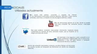 REDES SOCIALES
Utilizadas actualmente
Red social más exitosa, conocida y popular de internet.
Es una herramienta social para conectar personas, descubrir y crear nuevas
amistades, subir fotos y compartir vínculos se paginas externas y videos
Sitio de almacenaje gratuito en la red, donde es posible
subir para compartir, ver, comentar, buscar y descargar
videos.
Red para publicar, compartir, intercambiar, información, mediante breves
comentarios en formato de texto, llamados Tweets, que se muestran en la
página principal del usuario.
red orientada a los negocios y para compartir en el
ámbito profesional. Indispensable para la promoción
profesional y muy útil para buscar y compartir
información técnica y científica.
servicio de compartir marcadores y enlaces y al mismo tiempo una red social.
Los usuarios acuden en búsqueda de información en cientos de categorías
diferentes.
 