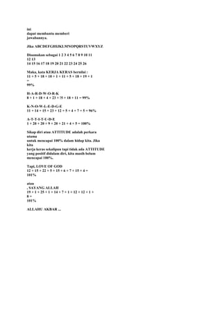 ini
dapat membantu memberi
jawabannya.
Jika ABCDEFGHIJKLMNOPQRSTUVWXYZ
Disamakan sebagai 1 2 3 4 5 6 7 8 9 10 11
12 13
14 15 16 17 18 19 20 21 22 23 24 25 26
Maka, kata KERJA KERAS bernilai :
11 + 5 + 18 + 10 + 1 + 11 + 5 + 18 + 19 + 1
=
99%
H-A-R-D-W-O-R-K
8 + 1 + 18 + 4 + 23 + !5 + 18 + 11 = 99%
K-N-O-W-L-E-D-G-E
11 + 14 + 15 + 23 + 12 + 5 + 4 + 7 + 5 = 96%
A-T-T-I-T-U-D-E
1 + 20 + 20 + 9 + 20 + 21 + 4 + 5 = 100%
Sikap diri atau ATTITUDE adalah perkara
utama
untuk mencapai 100% dalam hidup kita. Jika
kita
kerja keras sekalipun tapi tidak ada ATTITUDE
yang positif didalam diri, kita masih belum
mencapai 100%.
Tapi, LOVE OF GOD
12 + 15 + 22 + 5 + 15 + 6 + 7 + 15 + 4 =
101%
atau
, SAYANG ALLAH
19 + 1 + 25 + 1 + 14 + 7 + 1 + 12 + 12 + 1 +
8=
101%
ALLAHU AKBAR ...

 