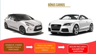 19BÔNUS CARROS
CONSEGUE 3 MESES
CONSECUTIVOS A
PONTUAÇÃO
TENHA UM CARRO
COMPRADO PELA JDG
WORLD
SEGURO INCLUÍDO E
QUILOMETROS
ILIMITADOS
 