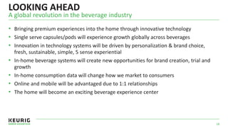 LOOKING AHEAD
• Bringing premium experiences into the home through innovative technology
• Single serve capsules/pods will experience growth globally across beverages
• Innovation in technology systems will be driven by personalization & brand choice,
fresh, sustainable, simple, 5 sense experiential
• In-home beverage systems will create new opportunities for brand creation, trial and
growth
• In-home consumption data will change how we market to consumers
• Online and mobile will be advantaged due to 1:1 relationships
• The home will become an exciting beverage experience center
A global revolution in the beverage industry
18
 