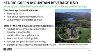 KEURIG GREEN MOUNTAIN BEVERAGE R&D
Our Beverage Innovation Center
• Start-up in 2013
• Part of our Vermont infrastructure
• Complements our Boston campus
State-of-the-Art Beverage Science Capabilities
• Product development & culinary labs
• Sensory testing facility
• Hot & cold process pilot plants
• Analytical & microbiology labs
• Package design & distribution testing
• Siemens product lifecycle management system
Home of our coffee heritage and birthplace of our Keurig cold technology
48
Deep in the Green Mountains near Stowe, Vermont
 