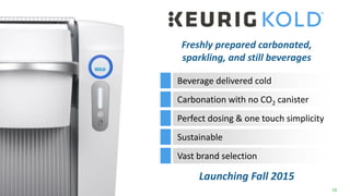 58
Carbonation with no CO2 canister
Perfect dosing & one touch simplicity
Beverage delivered cold
Vast brand selection
Sustainable
Freshly prepared carbonated,
sparkling, and still beverages
Launching Fall 2015
 