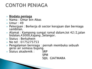    Biodata peniaga
   Nama : Omar bin Abas
   Umur : 49
   Pekerjaan : Berkerja di sector kerajaan dan berniaga
    sambilan.
   Alamat : Kampong sungai ramal dalam,lot 42/2,jalan
    bidalan,43000,Kajang ,Selangor.
   Status : Berkahwin
   No tel : 0175275753
   Pengalaman berniaga : pernah membuka sebuah
    gerai air semasa bujang.
   Status akademik :       SRP
                            SPM
                            SIJIL GIATMARA
 