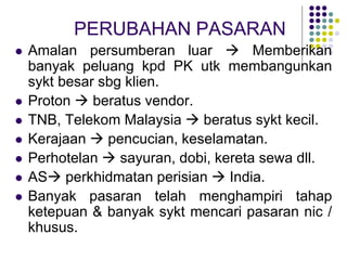 PERUBAHAN PASARAN
 Amalan persumberan luar  Memberikan
banyak peluang kpd PK utk membangunkan
sykt besar sbg klien.
 Proton  beratus vendor.
 TNB, Telekom Malaysia  beratus sykt kecil.
 Kerajaan  pencucian, keselamatan.
 Perhotelan  sayuran, dobi, kereta sewa dll.
 AS perkhidmatan perisian  India.
 Banyak pasaran telah menghampiri tahap
ketepuan & banyak sykt mencari pasaran nic /
khusus.
 