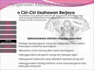 Pengenalan Kepada Keusahawanan
o Ciri-Ciri Usahawan Berjaya
Definisi
Peniaga

Penyelidikan yang dilakukan oleh Mc Ber dan David C.McClelland yang
dikenali sebagai KETRAMPILAN DIRI USAHAWAN BERJAYA (Personal
Entrepreneurial Competencies)

Definisi
Usahawan
Definisi
Keusahawanan
Perbezaan

Peniaga & Usahawan

Ciri-Ciri
Usahawan berjaya
Peranan
Usahawan
Agensi-Agensi

MENGGUNAKAN STRATEGI-STRATEGI PENGARUH
Strategi mempengaruh orang lain tanpa tipu helah dalam
mencapai matlamat perniagaan
•Berusaha untuk mewujudkan rakan perniagaan
•Menggunakan pengaruh orang lain sebagai agen
•Mengawal maklumat yang diberikan kepada orang lain
•Menggunakan strategi tertentu untuk mempengaruhi dan
memujuk orang lain

 