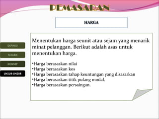 DEFINISI
TUJUAN
KONSEP
UNSUR-UNSUR

Menentukan harga seunit atau sejam yang menarik
minat pelanggan. Berikut adalah asas untuk
menentukan harga.
•Harga berasaskan nilai
•Harga berasaskan kos
•Harga berasaskan tahap keuntungan yang disasarkan
•Harga berasaskan titik pulang modal.
•Harga berasaskan persaingan.

 