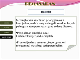 DEFINISI
TUJUAN
KONSEP
UNSUR-UNSUR

Meningkatkan kesedaran pelanggan akan
kewujudan produk yang sedang ditawarkan kepada
pelanggan atau perniagaan yang sedang diteroka.
•Pengiklanan : melalui surat
khabar,televisyen,radio,majalah
•Promosi Jualan : premium,kupon,promosi
mengumpul mata bagi setiap pembelian

 