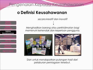 Pengenalan Kepada Keusahawanan
o Definisi Keusahawanan
secara kreatif dan inovatif
Definisi
Peniaga
Definisi
Usahawan
Definisi
Keusahawanan

Menghasilkan barang atau perkhidmatan bagi
memenuhi kehendak dan keperluan pengguna.

Perbezaan

Peniaga & Usahawan

Ciri-Ciri
Usahawan berjaya
Peranan
Usahawan
Agensi-Agensi

Dan untuk mendapatkan pulangan hasil dari
pelaburan perniagaan tersebut.

 