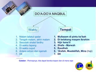 DO’A-DO’A MAQBUL
Waktu Tempat
1. Malam lailatul qadar
2. Tengah malam, akhir malam
3. Sesudah shalat fardhu
4. Di waktu lapang
5. Di waktu sujud
6. Antara adzan dan iqamah
7. Dll
1. Multazam di pintu ka’bah
2. Di belakang maqam Ibrahim
3. Hijir Isma’il
4. Shafa - Marwah
5. Raudhah
6. ‘Arafah, Muzdalifah, Mina (haji)
7. Dll
Catatan : Perinsipnya, kita dapat berdoa kapan dan di mana saja
 