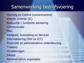 Samenwerking bedrijfsvoering
   Planning en Control (concerncontrol)
   Interne controle (IC)
   Bestuurlijk / Juridische advisering
   Communicatie
   P&O
   Vastgoed, huisvesting en Services
   Informatisering (DIV en ICT)
   Financiële en administratieve ondersteuning
   Treasury
   Verzekeringen
   Inkoop
   Administratieve organisatie                   16
 