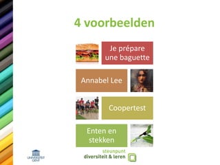 4 voorbeelden
Je prépare
une baguette
Annabel Lee
Coopertest
Enten en
stekken
 