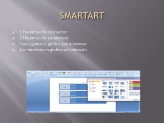  1 Hacemos clic en insertar
 2 Hacemos clic en smartart
 3 escogemos el grafico que deseemos
 4 se insertara en grafico seleccionado
 