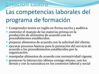 Las competencias laborales del
programa de formación
 Comprender textos en inglés en forma escrita y auditiva.
 controlar el manejo de las materias primas en la
producción de alimentos de acuerdo con los
procedimientos establecidos.
 preparar alimentos de acuerdo con la solicitud del cliente.
 ejecutar procesos básicos para la prestación del servicio de
acuerdo a los procedimientos establecidos por la
organización.
 manipular alimentos de acuerdo con normatividad vigente.
 promover la interacción idónea consigo mismo, con los
demás y con la naturaleza en los contextos laboral y social
 