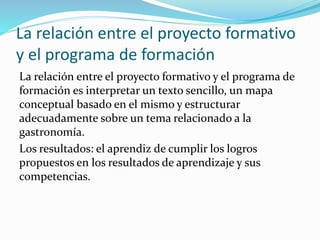 La relación entre el proyecto formativo
y el programa de formación
La relación entre el proyecto formativo y el programa de
formación es interpretar un texto sencillo, un mapa
conceptual basado en el mismo y estructurar
adecuadamente sobre un tema relacionado a la
gastronomía.
Los resultados: el aprendiz de cumplir los logros
propuestos en los resultados de aprendizaje y sus
competencias.
 