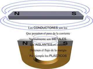Los  CONDUCTORES  son los  Que permiten el paso de la corriente Normalmente   son  METALES. Los  AISLANTES ,en cambio, Detienen el flujo de la energía Por ejemplo los  PLÁSTICOS 