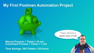 My First Postman Automation Project
That’s almost a
week and a half
Manual Process 1 Ticket = 10 min
Automated Process 1 Ticket = 1 min
Time Savings: 365 Tickets = 54 Hours
 