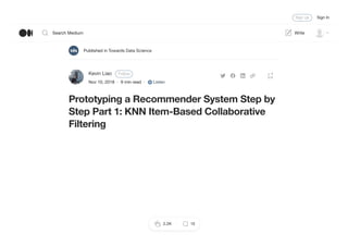 Published in Towards Data Science
Kevin Liao Follow
Nov 10, 2018 · 9 min read · Listen
Prototyping a Recommender System Step by
Step Part 1: KNN Item-Based Collaborative
Filtering
2.2K 15
Sign up Sign In
Search Medium Write
 