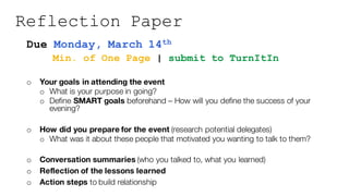 Reflection Paper
Due Monday, March 14th
Min. of One Page | submit to TurnItIn
o Your goals in attending the event
o What is your purpose in going?
o Define SMART goals beforehand – How will you define the success of your
evening?
o How did you prepare for the event (research potential delegates)
o What was it about these people that motivated you wanting to talk to them?
o Conversation summaries (who you talked to, what you learned)
o Reflection of the lessons learned
o Action steps to build relationship
 