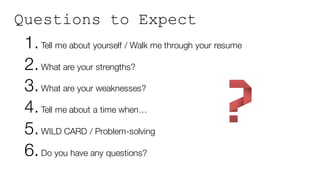 Questions to Expect
1.Tell me about yourself / Walk me through your resume
2.What are your strengths?
3.What are your weak...