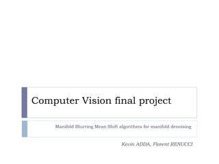 Computer Vision
Manifold Blurring Mean Shift algorithms for manifold denoising

Kevin ADDA, Florent RENUCCI

 