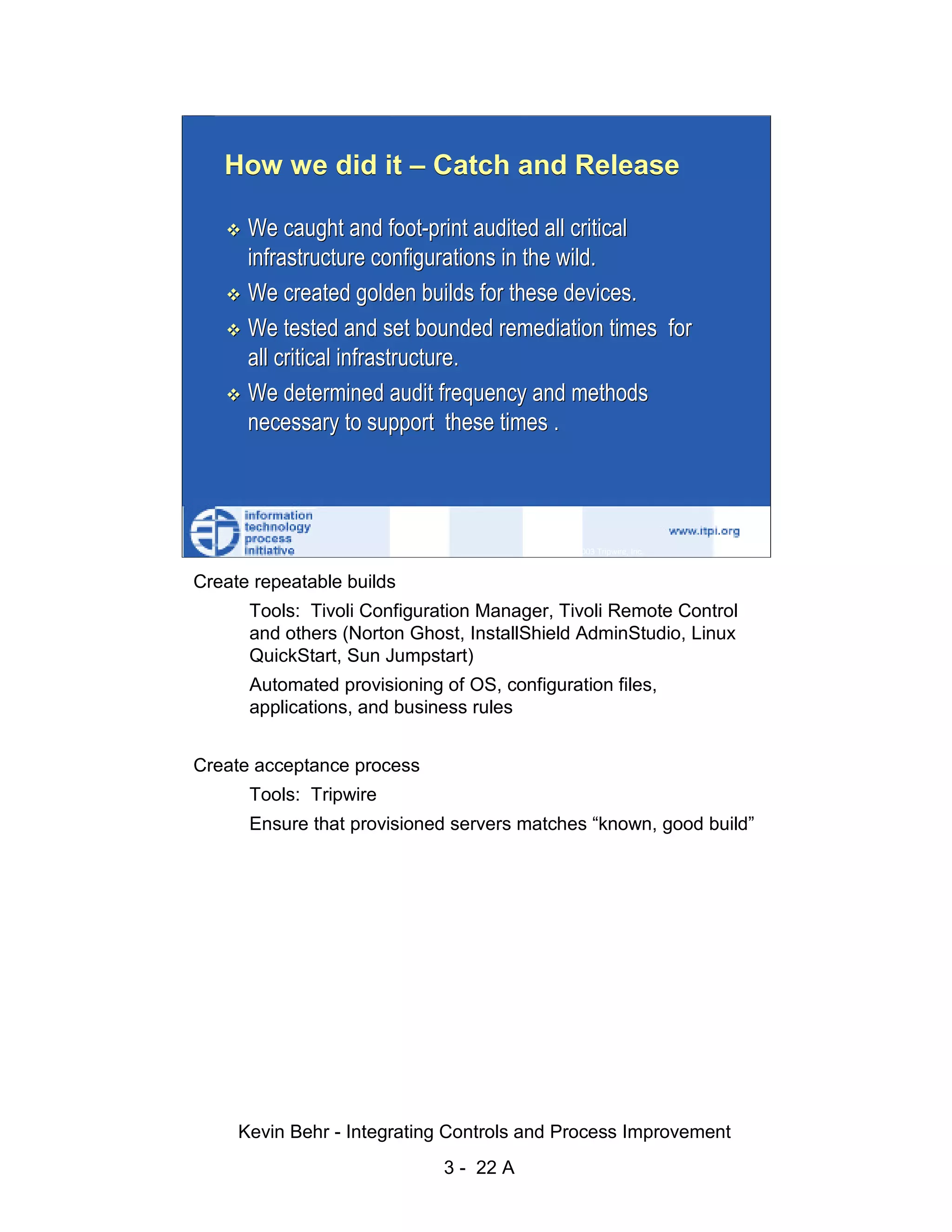 How we did it – Catch and Release

                              We caught and foot-print audited all critical
                              infrastructure configurations in the wild.




                                                                                                  d.
                              We created golden builds for these devices.




                                                                                                ve
                              We tested and set bounded remediation times for




                                                                                             er
                              all critical infrastructure.




                                                                                           es
                              We determined audit frequency and methods




                                                                                 sR
                              necessary to support these times .




                                                                           ht
                                                                       ig
                                                                  ll R    © 2003 Tripwire, Inc.    22
                                                              ,A
                        Create repeatable builds
                                                          03


                             Tools: Tivoli Configuration Manager, Tivoli Remote Control
                             and others (Norton Ghost, InstallShield AdminStudio, Linux
                                                      20



                             QuickStart, Sun Jumpstart)
               Key fingerprint = AF19 FA27 2F94 998D FDB5 DE3D F8B5 06E4 A169 4E46
                             Automated provisioning of OS, configuration files,
                                                   te




                             applications, and business rules
                                              itu
                                          st




                        Create acceptance process
                                        In




                              Tools: Tripwire
                                 NS




                              Ensure that provisioned servers matches “known, good build”
                               SA
                            ©




                             Kevin Behr - Integrating Controls and Process Improvement
                                                        3 - 22 A
© SANS Institute 2003                  No copying, electronic forwarding or posting                     All Rights Reserved
 