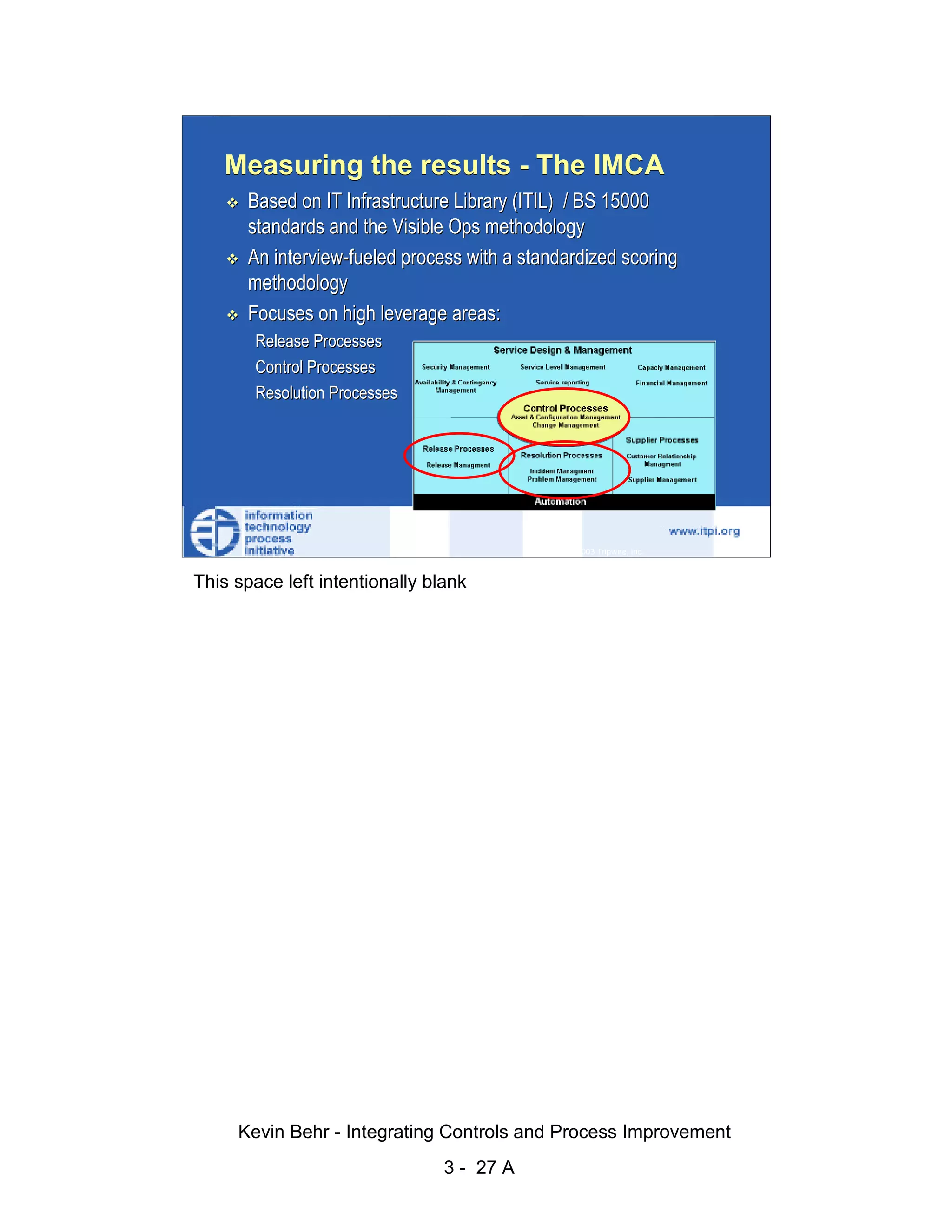 Measuring the results - The IMCA
                              Based on IT Infrastructure Library (ITIL) / BS 15000
                              standards and the Visible Ops methodology
                              An interview-fueled process with a standardized scoring




                                                                                                   d.
                              methodology




                                                                                                 ve
                              Focuses on high leverage areas:




                                                                                              er
                               Release Processes




                                                                                            es
                               Control Processes
                               Resolution Processes




                                                                                  sR
                                                                            ht
                                                                        ig
                                                                   ll R    © 2003 Tripwire, Inc.    27
                                                               ,A
                        This space left intentionally blank
                                                           03
                                                       20




               Key fingerprint = AF19 FA27 2F94 998D FDB5 DE3D F8B5 06E4 A169 4E46
                                                      te
                                               itu
                                            st
                                         In
                                  NS
                                SA
                             ©




                             Kevin Behr - Integrating Controls and Process Improvement
                                                         3 - 27 A
© SANS Institute 2003                   No copying, electronic forwarding or posting                     All Rights Reserved
 