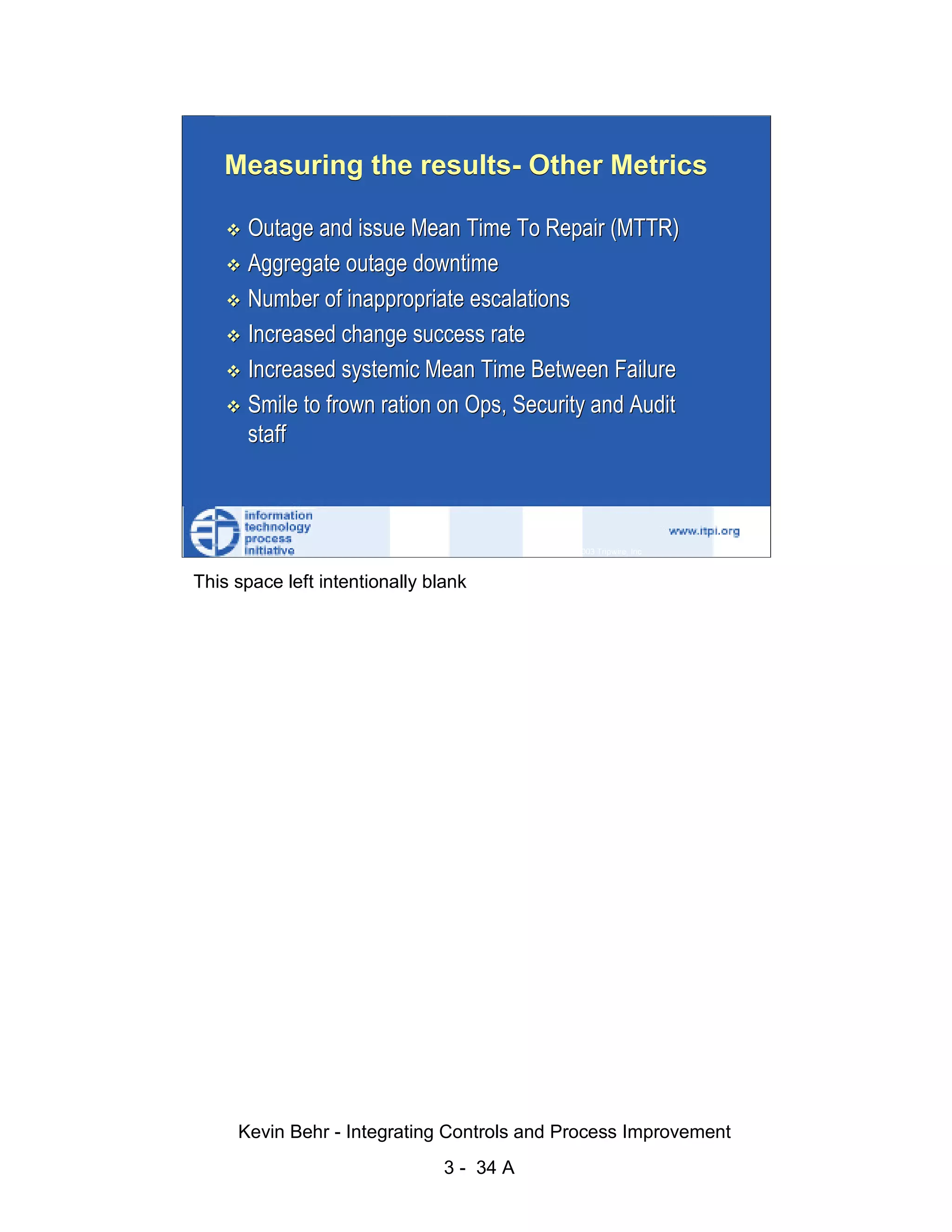 Measuring the results- Other Metrics

                              Outage and issue Mean Time To Repair (MTTR)
                              Aggregate outage downtime




                                                                                                   d.
                              Number of inappropriate escalations




                                                                                                 ve
                              Increased change success rate




                                                                                              er
                                                                                            es
                              Increased systemic Mean Time Between Failure




                                                                                  sR
                              Smile to frown ration on Ops, Security and Audit
                              staff




                                                                            ht
                                                                        ig
                                                                   ll R    © 2003 Tripwire, Inc.    34
                                                               ,A
                        This space left intentionally blank
                                                           03
                                                       20




               Key fingerprint = AF19 FA27 2F94 998D FDB5 DE3D F8B5 06E4 A169 4E46
                                                   te
                                               itu
                                            st
                                         In
                                  NS
                                SA
                             ©




                             Kevin Behr - Integrating Controls and Process Improvement
                                                         3 - 34 A
© SANS Institute 2003                   No copying, electronic forwarding or posting                     All Rights Reserved
 