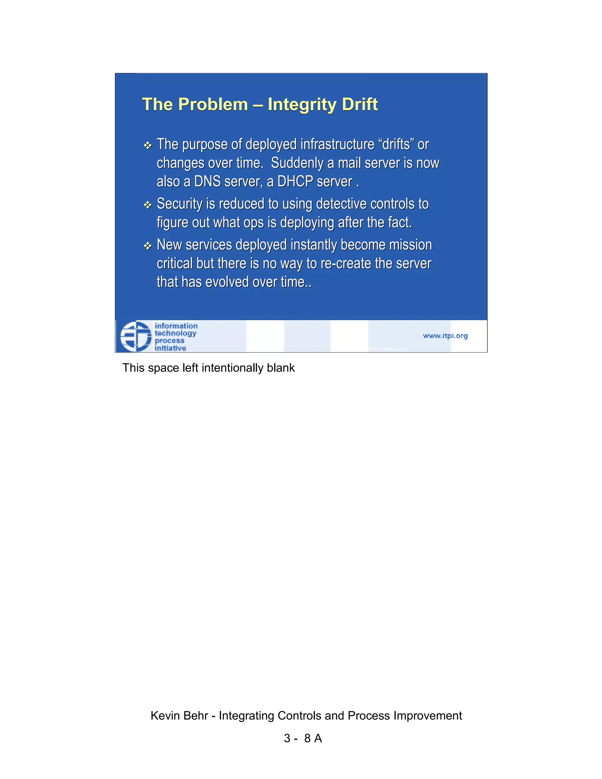 The Problem – Integrity Drift

                              The purpose of deployed infrastructure “drifts” or
                              changes over time. Suddenly a mail server is now




                                                                                                   d.
                              also a DNS server, a DHCP server .




                                                                                                 ve
                              Security is reduced to using detective controls to




                                                                                              er
                              figure out what ops is deploying after the fact.




                                                                                            es
                              New services deployed instantly become mission




                                                                                  sR
                              critical but there is no way to re-create the server
                              that has evolved over time..




                                                                            ht
                                                                        ig
                                                                   ll R    © 2003 Tripwire, Inc.    8
                                                               ,A
                        This space left intentionally blank
                                                           03
                                                       20




               Key fingerprint = AF19 FA27 2F94 998D FDB5 DE3D F8B5 06E4 A169 4E46
                                                   te
                                               itu
                                            st
                                         In
                                  NS
                                SA
                             ©




                             Kevin Behr - Integrating Controls and Process Improvement
                                                          3- 8A
© SANS Institute 2003                   No copying, electronic forwarding or posting                    All Rights Reserved
 