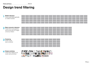 Slide 26Frame and focus
Design trend filtering
Mobile relevance
Trends potentially applicable
to mobile handsets
Mass consumer relevance
Trends that could appeal to
and be executed for budget
conscious Indians
Clustering
Similar trends
were combined
Design workshop
Trends that related to hot
issues were prioritised
1
2
3
4
 