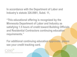 In accordance with the Department of Labor and
Industry’s statute 326.0981, Subd. 11,
“This educational offering is recognized by the
Minnesota Department of Labor and Industry as
satisfying 1.5 hours of credit toward Building Officials
and Residential Contractors continuing education
requirements.”
For additional continuing education approvals, please
see your credit tracking card.
1
 