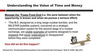 Manage the “Fuzzy Front End (i.e. the zone between when the
opportunity is known and when we pursue a serious effort)
• “The B-2, designed as a long range nuclear bomber, and the
MILSTAR [satellite system], conceived as a strategic
communication system for the second stage of a nuclear
exchange, are visible examples of systems designed to meet
missions that never materialized or disappeared
before they were completed.”
How did we let this happen?
Extracts from “Accelerating DoD Acquisitions Time Constraints And Techniques,” Brian D. Griffin, May 2013
Understanding the Value of Time and Money
 